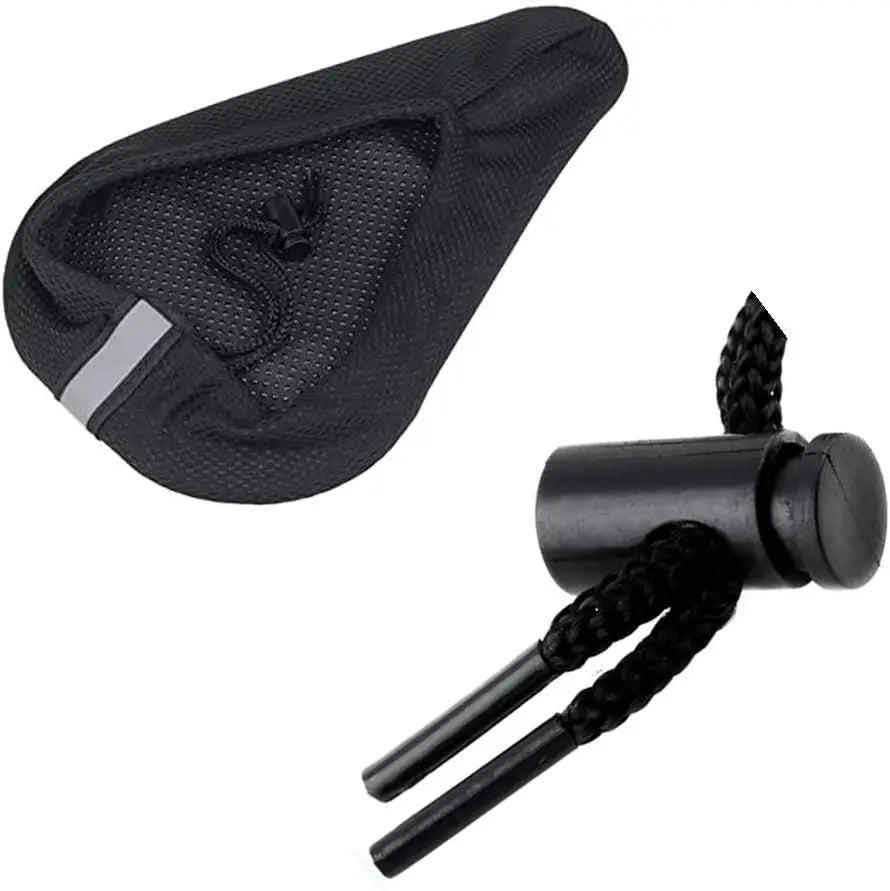 Padded black bike seat cover and attachment for comfort during MTB and road cycling.