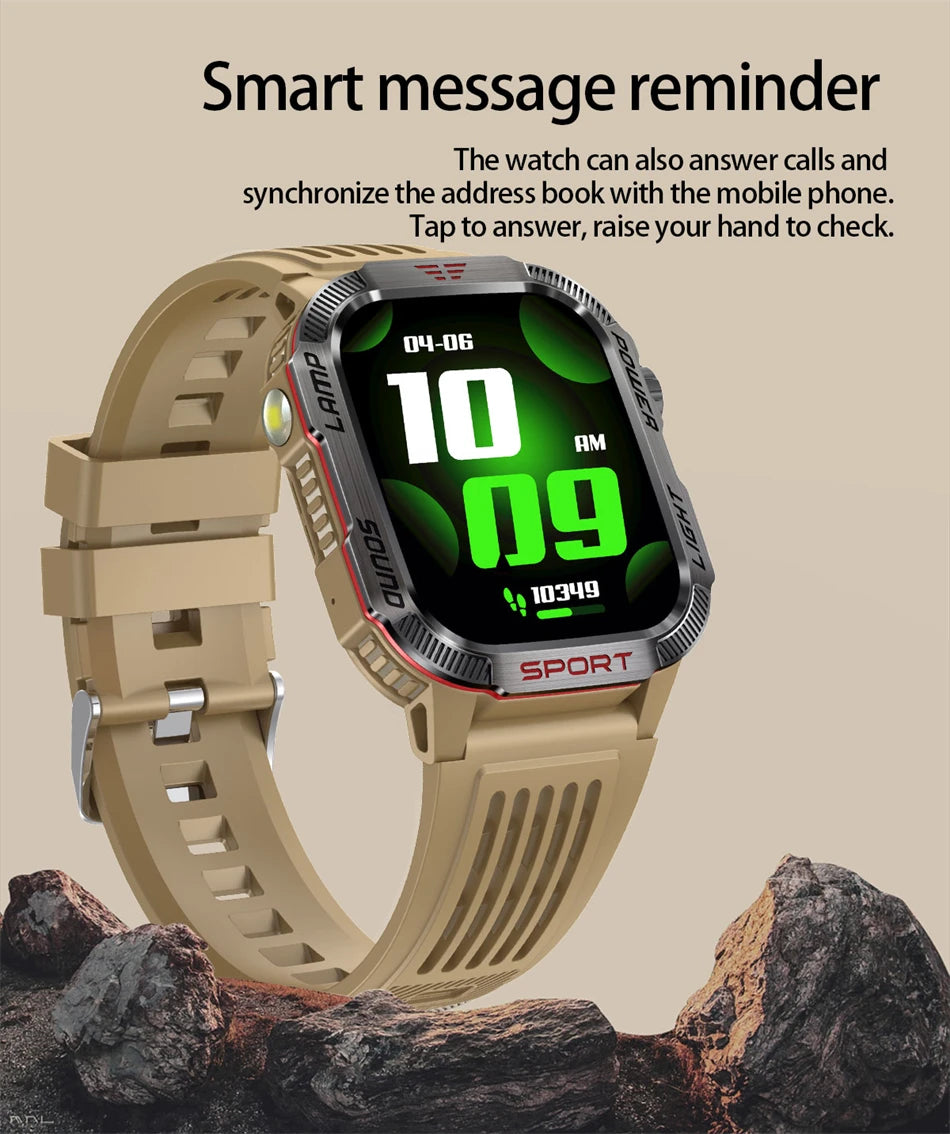 Military GPS smart watch featuring a digital display, message reminder, and rugged design for outdoor activities.