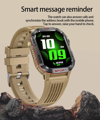 Military GPS smart watch featuring a digital display, message reminder, and rugged design for outdoor activities.