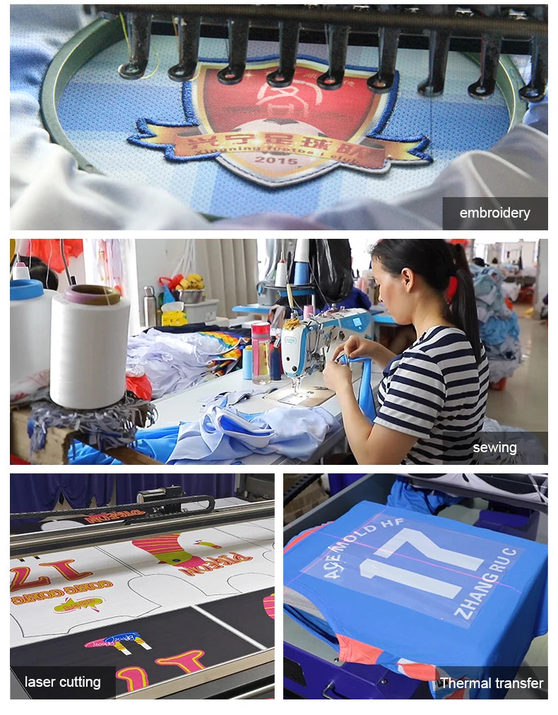 Image showcasing the custom marathon running suit production process: embroidery, sewing, laser cutting, and thermal transfer.