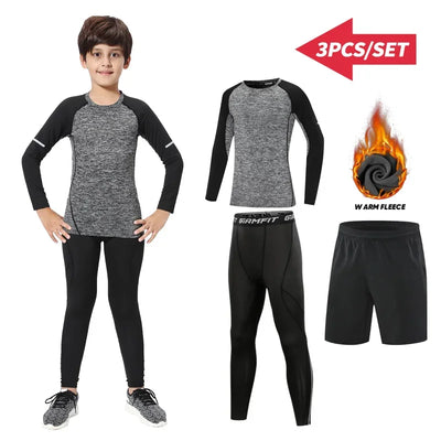Kids thermal sports set with long-sleeve top and compression tights, designed for winter running and outdoor activities.