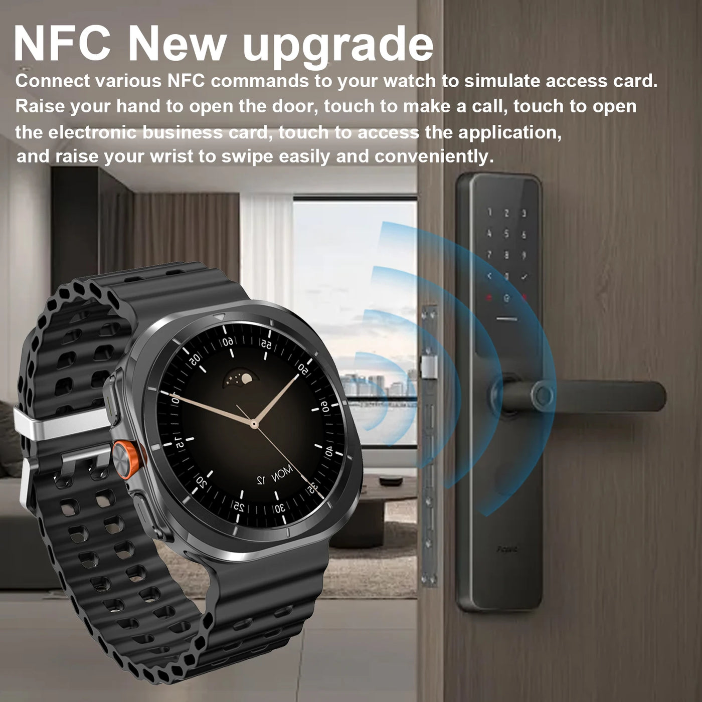 NFC enabled smartwatch featured with access card simulation for easy door unlocking and calling.