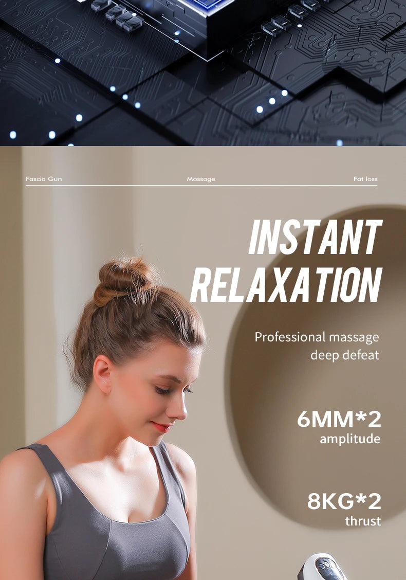 Instant relaxation with professional massage gun highlighting 6MM amplitude and 8KG thrust for deep tissue relief.