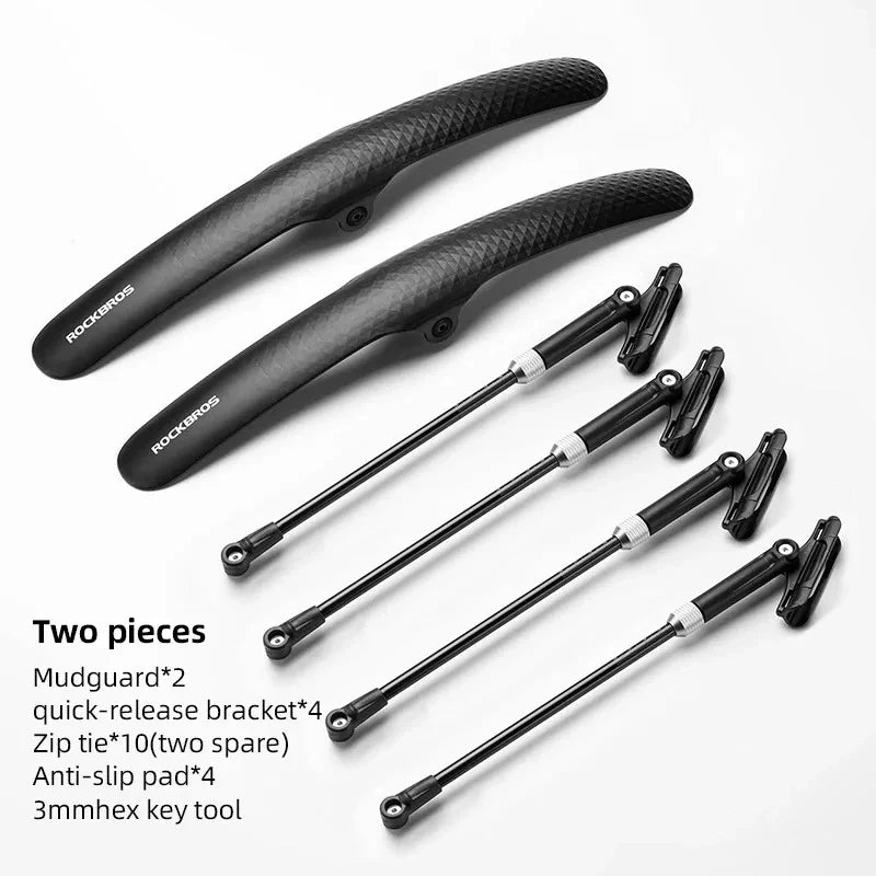 Bicycle mudguard set with quick-release brackets, zip ties, anti-slip pads, and hex key tool for road bikes.