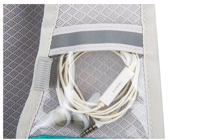 Close-up of earphones stored in a waterproof pouch, ideal for outdoor activities and sports, showcasing practical design.