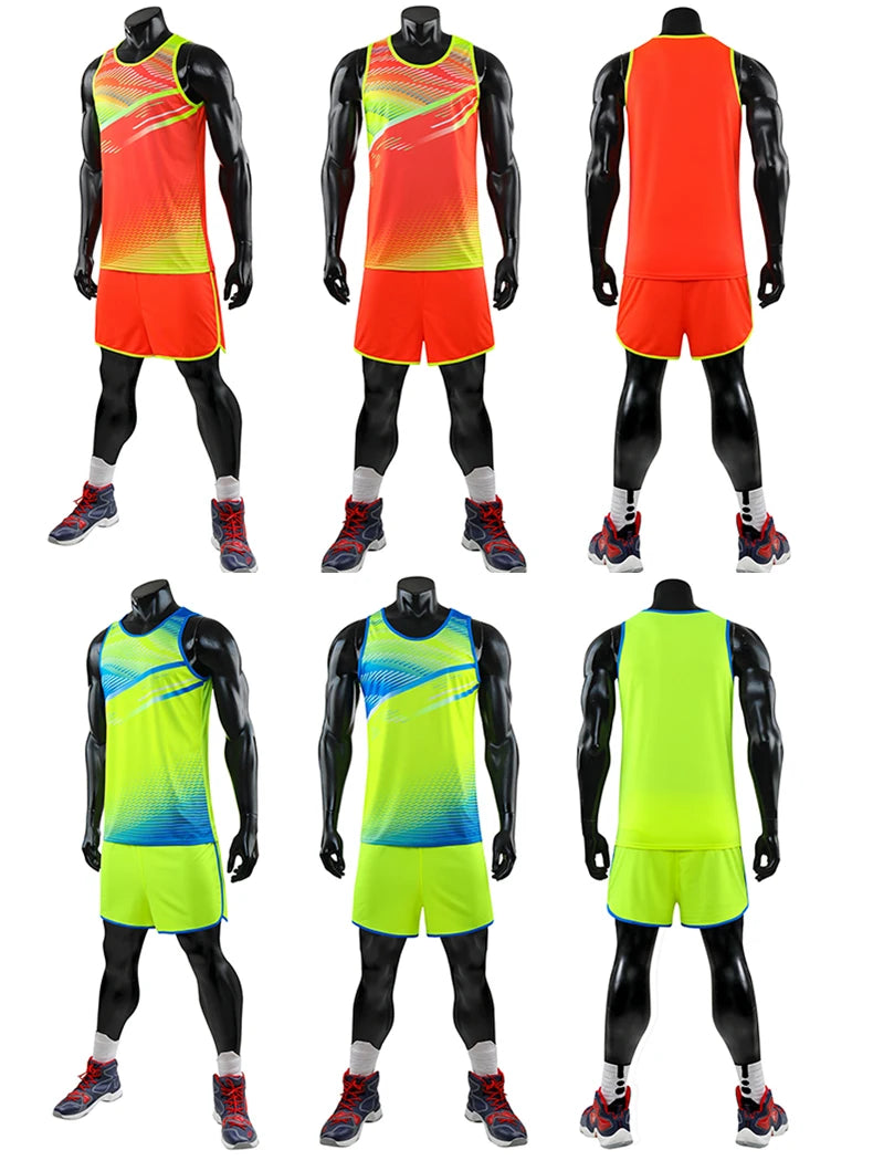 Custom unisex marathon running suit set in vibrant colors, ideal for track and field sportswear, made from polyester and spandex.