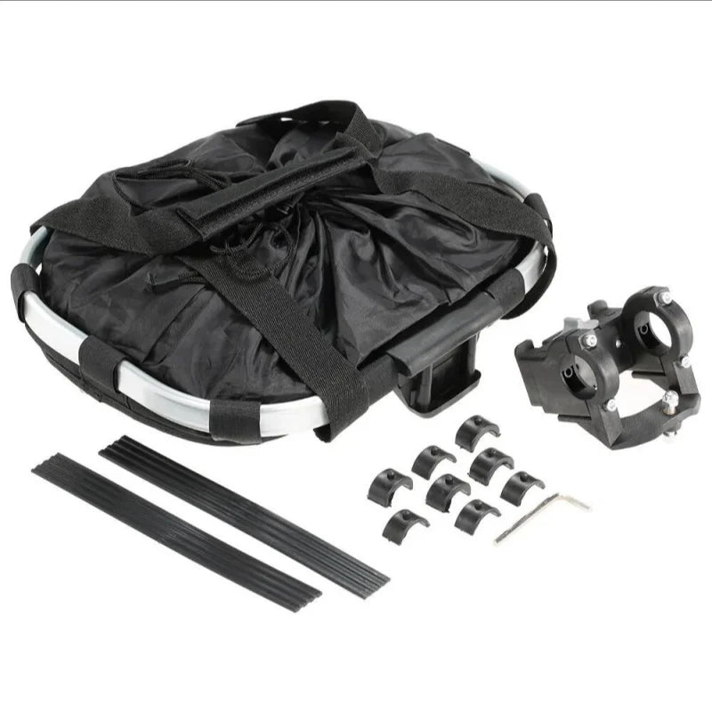 Bike front basket pet carrier and handlebar bag, foldable with mounting hardware and straps.