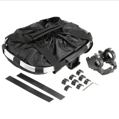 Bike front basket pet carrier and handlebar bag, foldable with mounting hardware and straps.