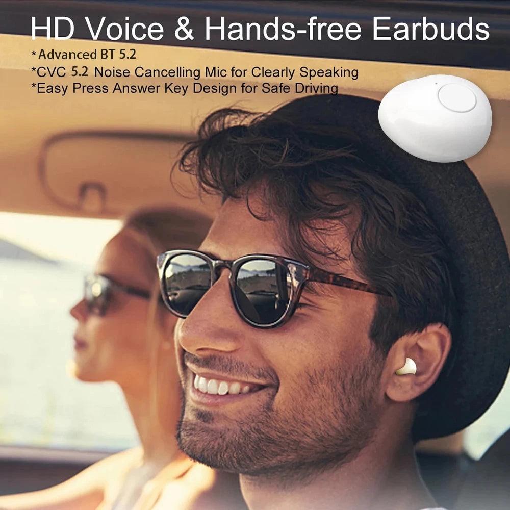 Man wearing HD Voice hands-free earbuds with advanced Bluetooth, enjoying a scenic drive.