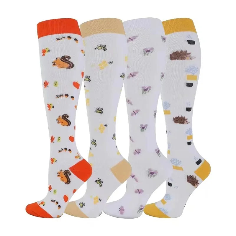 4 pairs of colorful compression socks with fun designs for running and sports, suitable for men and women.