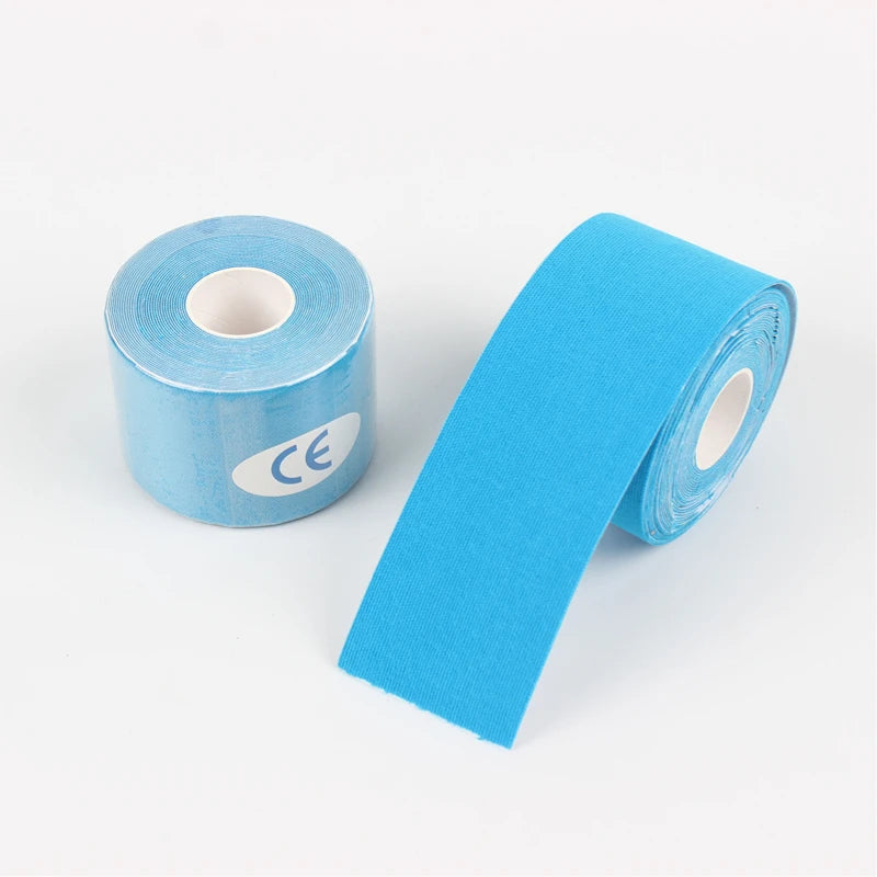 Blue kinesiology tape roll, ideal for muscle support, injury prevention, and athletic recovery in sports activities.