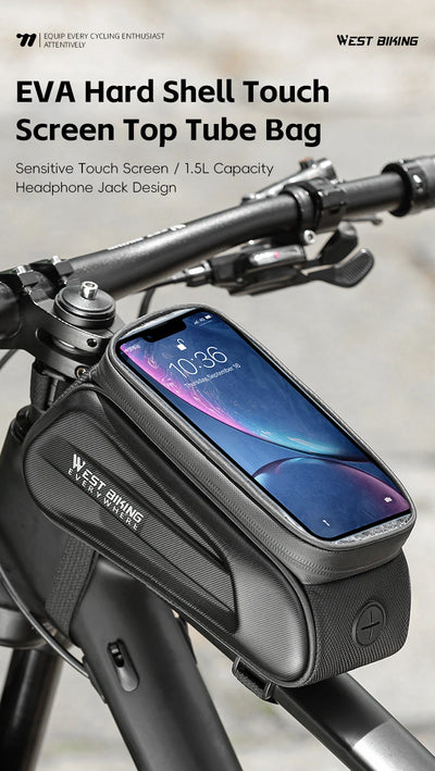 West Biking 7" waterproof bike phone bag with touch screen and headphone jack, ideal for cycling adventures.