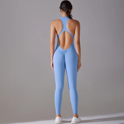 Back view of a blue women's bodysuit designed for tummy control and butt lifting, ideal for fitness and yoga.