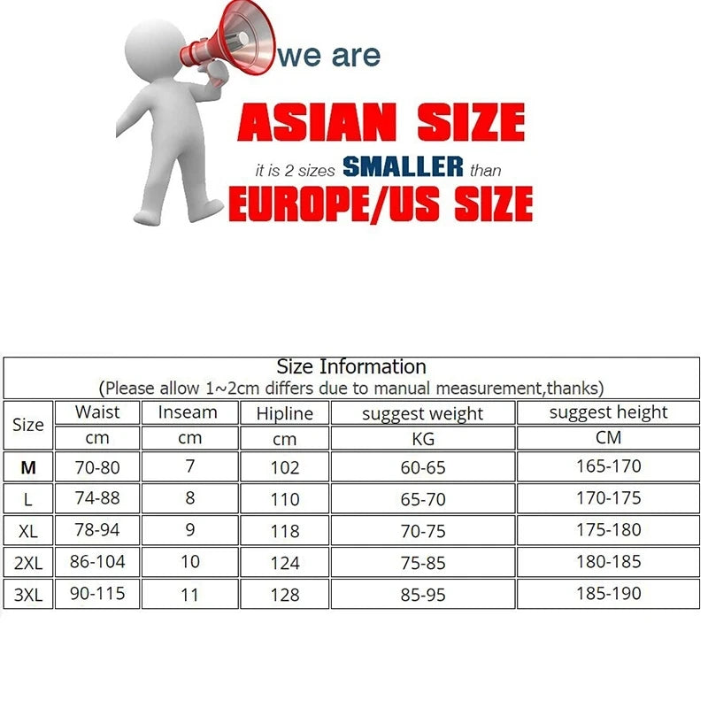Size chart for men's breathable gym shorts showing Asian sizes compared to European/US sizes.