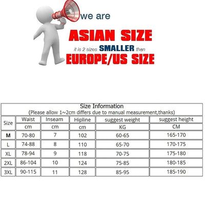 Size chart for men's breathable gym shorts showing Asian sizes compared to European/US sizes.