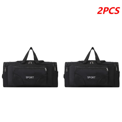 Set of 2 black sports bags with 'SPORT' logo, featuring multiple zippered pockets for organized storage.