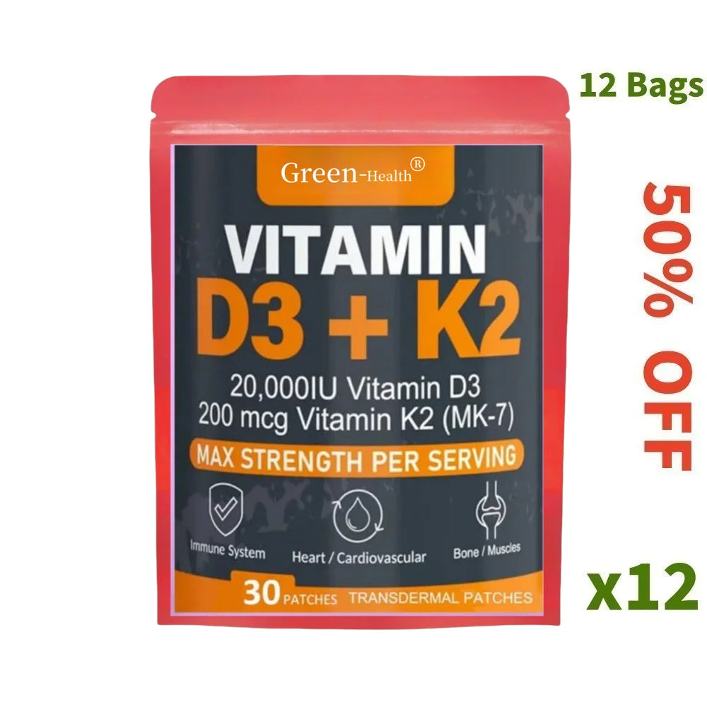 Vitamin D3 & K2 transdermal patches, 30 patches per bag, supporting strong bones, muscles, and immune health.