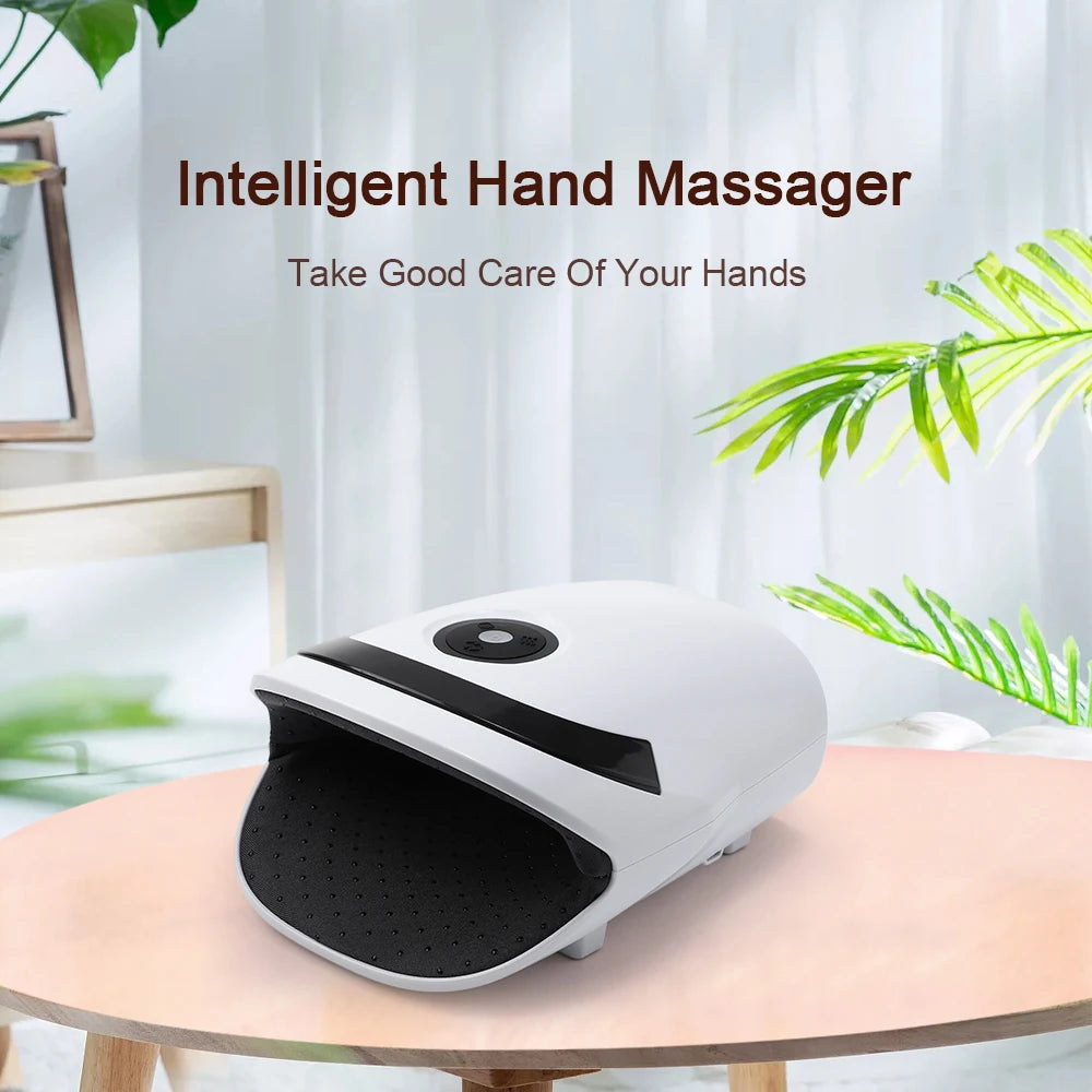 Electric hand massager with airbag compression and heat therapy for relaxation and deep kneading.
