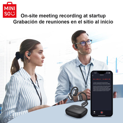 MINISO MS162 Bluetooth earbuds shown with people in an office during a meeting recording, featuring wireless headset design.