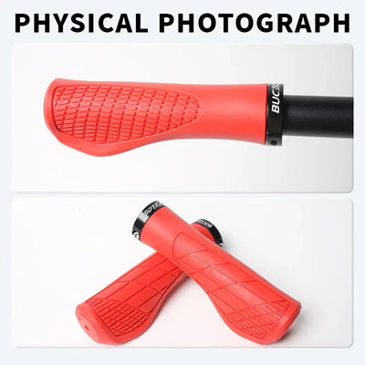 BUCKLOS ergonomic lock-on soft rubber bike handlebar grips in red color, designed for comfort and durability.