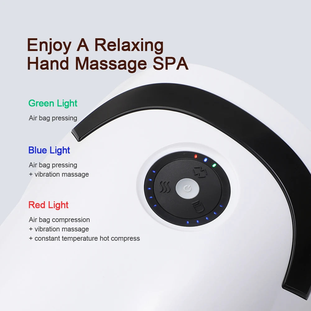 Electric hand massage device with airbag compression, heat therapy, and deep kneading features.