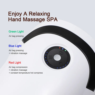 Electric hand massage device with airbag compression, heat therapy, and deep kneading features.