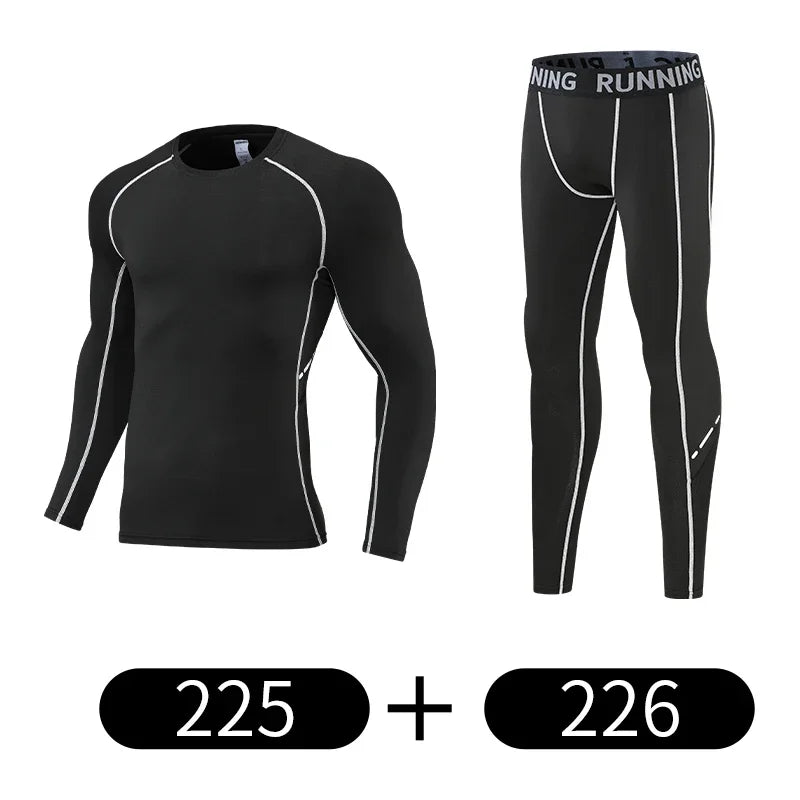 Men's compression sportswear set featuring a pullover top and fitted pants, ideal for gym training and athletic wear.