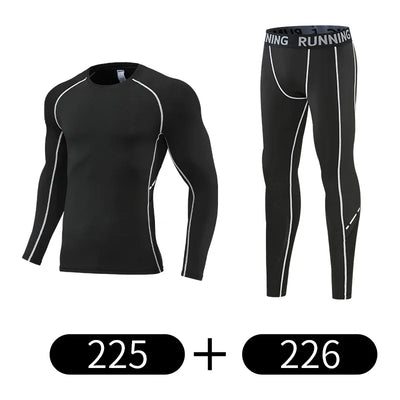 Men's compression sportswear set featuring a pullover top and fitted pants, ideal for gym training and athletic wear.