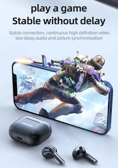 Lenovo wireless Bluetooth earphones showcased with smartphone gaming, featuring low delay audio and video synchronization.