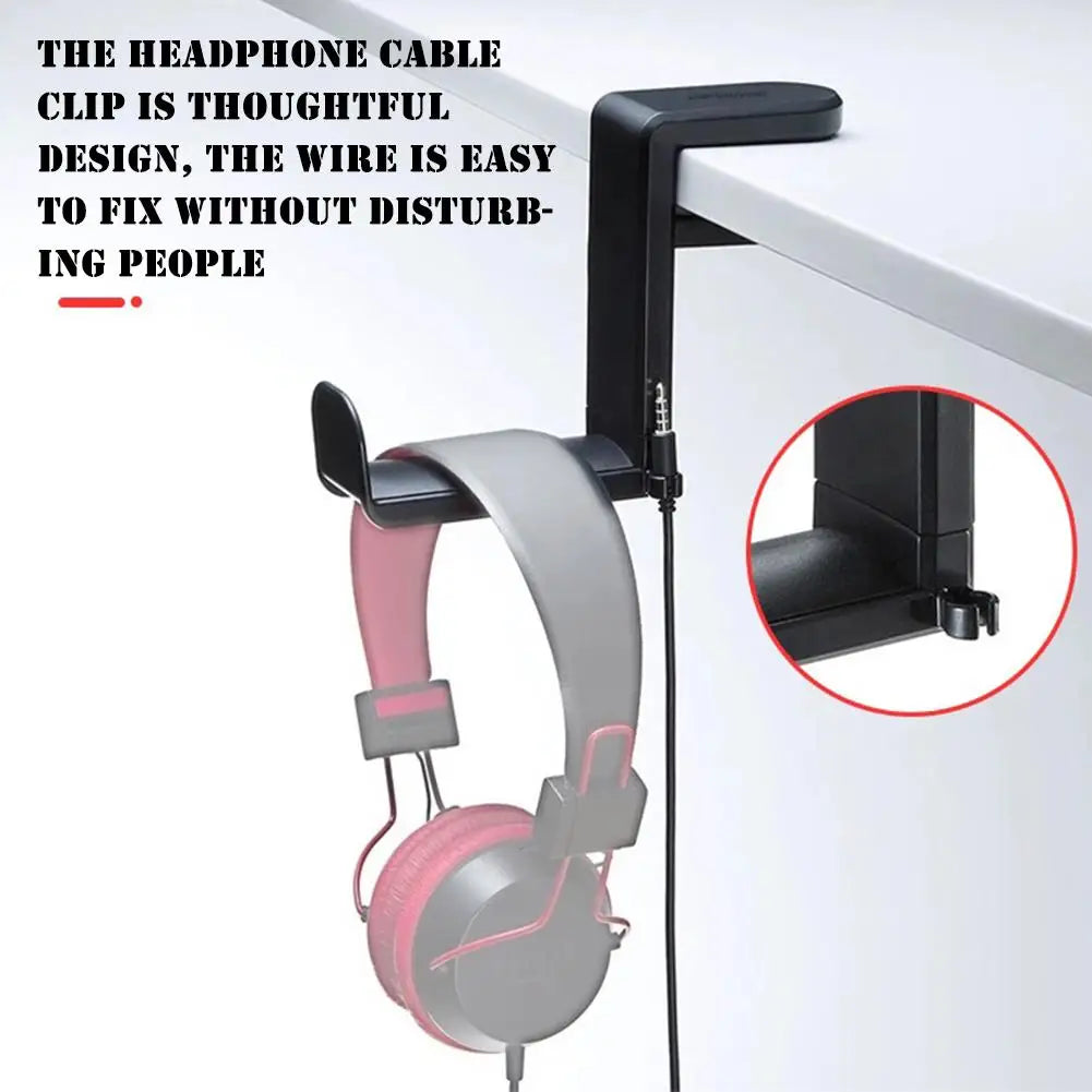 PC gaming headphone stand with adjustable clamp and cable clip, designed to hold headsets securely and neatly.