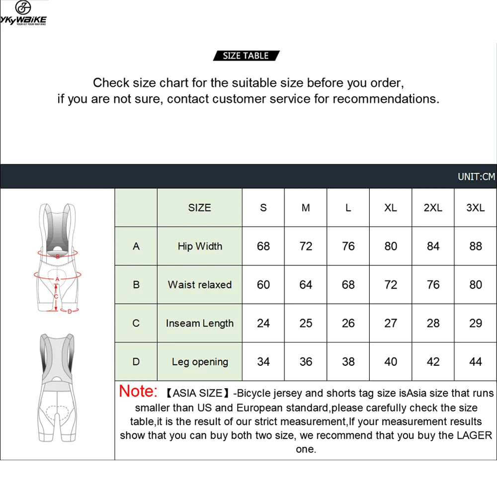 Size chart for YKYWBIKE cycling bib shorts, featuring measurements for hip width, waist, inseam, and leg opening.
