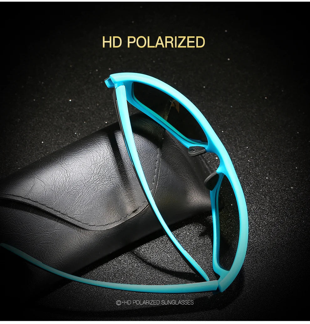 Red Bull HD polarized sunglasses displayed with protective case, ideal for outdoor activities like fishing and hiking.