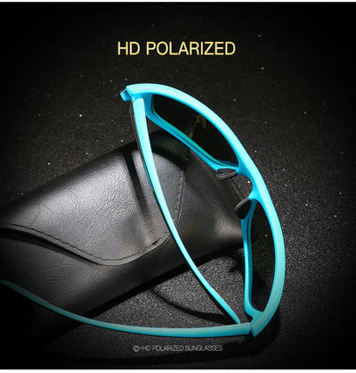 Red Bull HD polarized sunglasses displayed with protective case, ideal for outdoor activities like fishing and hiking.