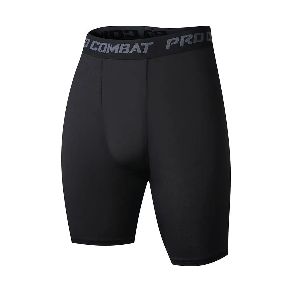 Men's black compression shorts with Pro Combat waistband, ideal for athletic workouts and performance enhancement.