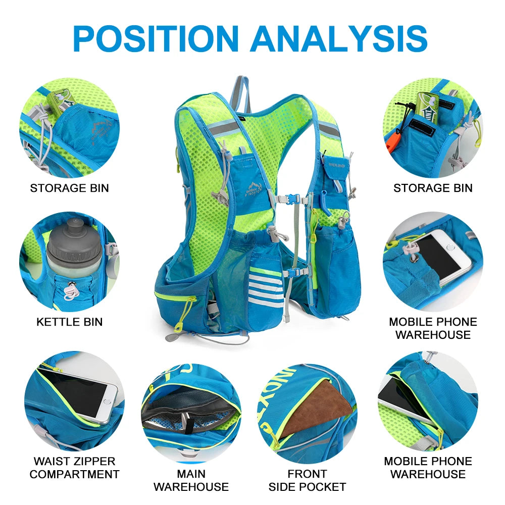 Detailed position analysis of blue hydration vest backpack featuring various storage compartments for running and hiking.
