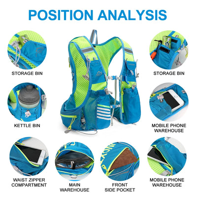 Detailed position analysis of blue hydration vest backpack featuring various storage compartments for running and hiking.