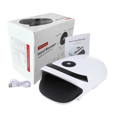 Portable electric hand massager with airbag compression, heat therapy, and deep kneading for relaxation.