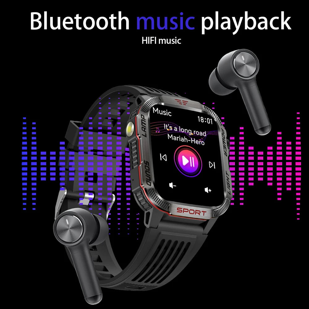 Military GPS smartwatch showcasing Bluetooth music playback with wireless earbuds and vibrant sound wave graphics.