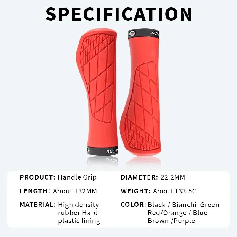 BUCKLOS MTB handlebar grips in red, ergonomic design, durable high density rubber, suitable for 22.2MM handlebars.
