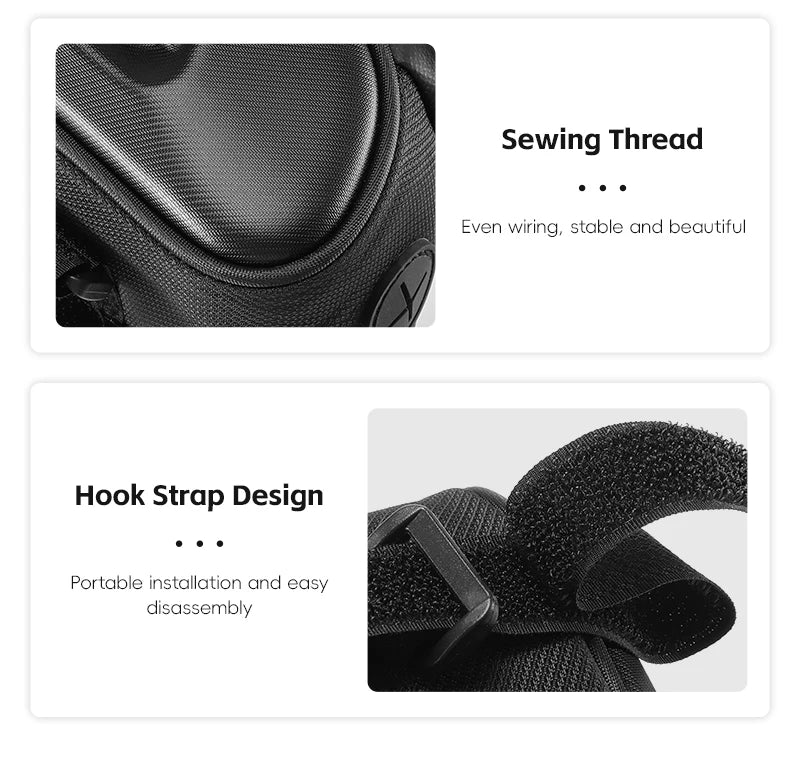 Close-up of bike bag features: sewing thread for stability and hook strap design for easy installation and disassembly.