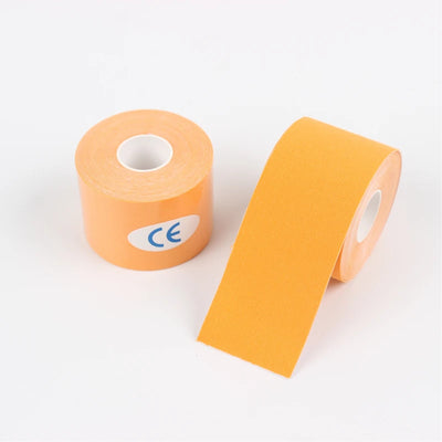 5-10 cm orange kinesio tape roll for muscle support and knee pain relief in athletic recovery and fitness.