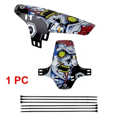 Reflective MTB bike mudguard fender with zombie design for mountain bikes, includes 1 piece and zip ties.