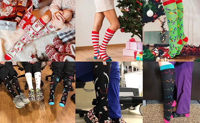 Collage of colorful compression socks with festive patterns for men and women, suitable for running, nursing, and sports.