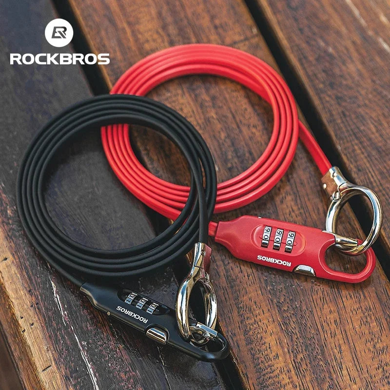 ROCKBROS high-security bike lock chain in black and red on wooden surface for bicycles and e-bikes.