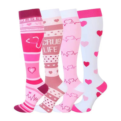 4 pairs of colorful compression socks for varicose veins; ideal for running, nursing and sports activities.