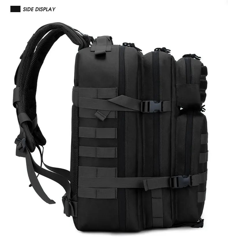 Side view of a tactical 45L gym bag, waterproof outdoor rucksack with multiple compartments and adjustable straps.