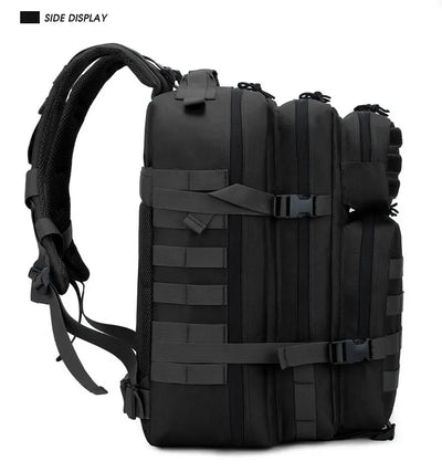 Side view of a tactical 45L gym bag, waterproof outdoor rucksack with multiple compartments and adjustable straps.