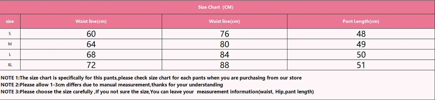 Size chart for women’s sport yoga shorts showing waist and pant measurements in centimeters.