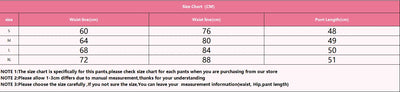 Size chart for women’s sport yoga shorts showing waist and pant measurements in centimeters.