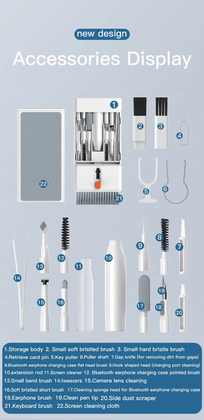 22-in-1 cleaning kit accessories display, featuring various brushes, cleaning tools, and storage for electronic devices.